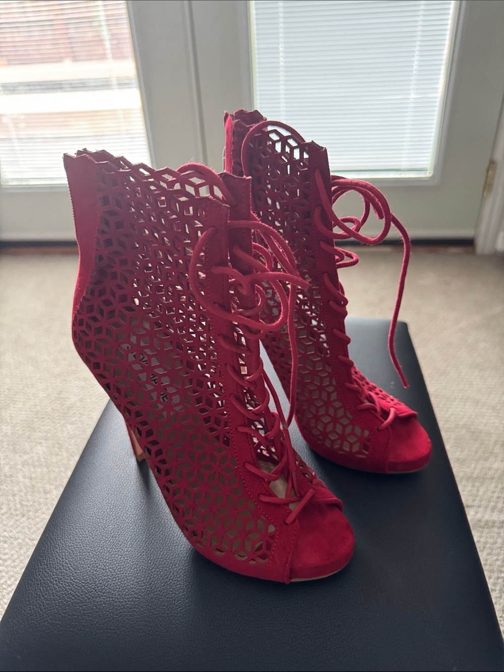 Steve Madden Red Laser-Cut Lace-Up Wedge Heels